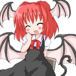 Rule 34 | 1girl, :d, ^ ^, arm behind back, bat wings, blush, book, chibi, chibi only, closed eyes, demon tail, demon wings, embodiment of scarlet devil, fang, female focus, geetsu, happy, head wings, koakuma, oekaki, open mouth, red hair, simple background, smile, solo, tail, touhou, white background, wings