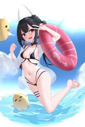 Rule 34 | 1girl, absurdres, azur lane, barefoot, bikini, bird, black bikini, black hair, blue sky, breasts, chick, cloud, cloudy sky, hatsuzuki (august&#039;s first romance) (azur lane), hatsuzuki (azur lane), highres, holding, holding swim ring, innertube, jacket, long hair, long sleeves, looking at viewer, manjuu (azur lane), navel, official alternate costume, open mouth, pink innertube, red eyes, red nails, see-through, see-through jacket, sky, small breasts, stomach, swept bangs, swim ring, swimsuit, teeth, toes, twintails, upper teeth only, water, white jacket, zerotwenty (020)