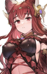 Rule 34 | 1girl, animal ears, anthuria, bad id, bad pixiv id, blush, breasts, covered erect nipples, erune, granblue fantasy, hair ornament, highres, koretsuki azuma, large breasts, long hair, looking at viewer, parted lips, red eyes, red hair, sketch, solo, upper body