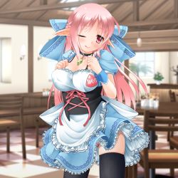 Rule 34 | 1girl, ;q, apron, black thighhighs, blurry, blurry background, bow, bra strap, braid, breasts, cafe, checkered floor, collar, corset, crown braid, elf, eyes visible through hair, french braid, frilled apron, frills, game cg, hair bow, highres, indoors, kanna hisashi, large bow, large breasts, long hair, looking at viewer, name tag, one eye closed, original, panties, panty peek, pink hair, pink panties, pointy ears, puffy short sleeves, puffy sleeves, red eyes, short sleeves, solo, thighhighs, tongue, tongue out, underwear, waist apron, waitress, wrist cuffs