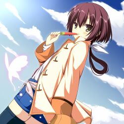 Rule 34 | 1girl, asagi nanami, black thighhighs, blue shorts, blue sky, blush, brown eyes, brown hair, bug, butterfly, cloud, commentary request, cowboy shot, day, dutch angle, food, hand up, highres, holding, holding food, holding popsicle, insect, jacket, long sleeves, looking at viewer, nanami (summer pockets), orange jacket, outdoors, pink butterfly, popsicle, short hair with long locks, shorts, sky, solo, standing, summer pockets, thighhighs, tongue, tongue out, watermelon bar, wide sleeves, zettai ryouiki