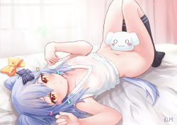 Rule 34 | 1boy, absurdres, blue hair, blush, bottomless, bow, collarbone, convenient censoring, curtains, dog tail, hair between eyes, hair bow, hair ornament, highres, indoors, inuyama tamaki, jtleeklm, kneehighs, looking at viewer, lying, navel, noripro, on back, on bed, shirt, signature, sleeveless, sleeveless shirt, socks, solo, stuffed toy, tail, trap, two side up, virtual youtuber, window