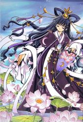 Rule 34 | 00s, 1girl, clamp, hand fan, flower, hair rings, hair tubes, half-closed eyes, japanese clothes, jewelry, lily pad, long hair, lotus, mirror, outdoors, petals, purple eyes, purple hair, solo, tomoyo hime, traditional media, tsubasa chronicle, very long hair, wading, water, wavy hair