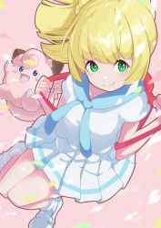 Rule 34 | 1girl, backpack, bag, blonde hair, blush, breasts, clefairy, closed mouth, commentary request, creatures (company), eyelashes, from above, game freak, gen 1 pokemon, green eyes, highres, holding strap, itou kazuki, lillie (pokemon), long hair, looking at viewer, nintendo, pleated skirt, pokemon, pokemon (creature), pokemon sm, shirt, shoes, short sleeves, skirt, smile, white footwear, white shirt, white skirt