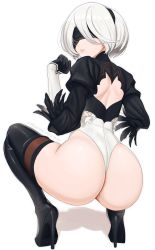 Rule 34 | 1girl, 2b (nier:automata), ass, back cutout, black blindfold, black hairband, blindfold, boots, clothing cutout, feather-trimmed sleeves, feather trim, from behind, gloves, grey hair, hairband, heattech leotard, high heel boots, high heels, highres, huge ass, juliet sleeves, leotard, long sleeves, looking back, mole, mole under mouth, nier:automata, nier (series), puffy sleeves, revenantart, solo, squatting, thigh boots, thighhighs, thighhighs under boots, thong leotard, turtleneck, white background, white hair, white leotard
