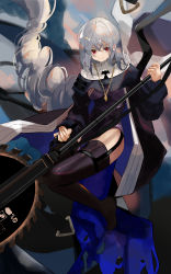 Rule 34 | 1girl, absurdres, arknights, battery indicator, black capelet, black dress, black jacket, black thighhighs, capelet, circular saw, dress, enne kl, grey hair, habit, highres, holding, holding weapon, jacket, jewelry, long hair, long sleeves, looking at viewer, necklace, nun, pelvic curtain, red eyes, saw, smile, solo, specter (arknights), thighhighs, torn clothes, very long hair, weapon