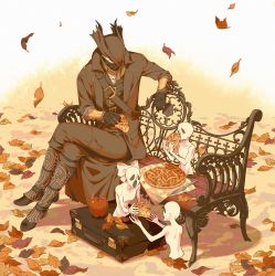 Rule 34 | 1boy, apple, apple pie, arizuka (catacombe), autumn leaves, bench, black footwear, black gloves, bloodborne, brown background, brown coat, brown headwear, brown pants, closed mouth, coat, crossed legs, eating, facing another, food, fruit, gloves, highres, hollow eyes, hunter (bloodborne), knife, long sleeves, mask, messengers (bloodborne), mouth mask, open mouth, pants, red apple, sitting, suitcase, white background