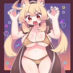 Rule 34 | 1girl, absurdres, aged up, ahoge, animal ear fluff, animal ears, bikini, black coat, border, breasts, candy, claw pose, cleavage, coat, cosplay, fang, food, gao, genshin impact, ghost, gradient background, halloween, halterneck, hand up, hat, highleg, highleg panties, highres, kemonomimi mode, klee (genshin impact), lollipop, looking at viewer, nail polish, navel, open mouth, orange bikini, panties, pointy ears, purple nails, razor (genshin impact), razor (genshin impact) (cosplay), red border, red eyes, shimapanda, short hair with long locks, skin fang, solo, star (symbol), string bikini, swimsuit, twintails, underwear, witch hat, wolf ears