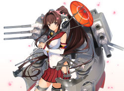 Rule 34 | 10s, 1girl, breasts, brown eyes, brown hair, detached sleeves, hair intakes, headgear, kantai collection, large breasts, light smile, long hair, looking at viewer, machinery, miniskirt, naruse hirofumi, petals, ponytail, skirt, solo, umbrella, very long hair, yamato (kancolle)