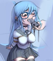 Rule 34 | 1girl, absurdres, after fellatio, arms behind back, bdsm, black necktie, blue eyes, blue glasses, blue hair, bondage, bound, breasts, choker, collared shirt, dildo gag, dildo reveal, drooling, ear piercing, earrings, fellatio, gag, unworn gag, glasses, heart-shaped choker, highres, jewelry, long hair, medium breasts, multiple earrings, necktie, nradiowave, one eye closed, oral, original, piercing, pleated skirt, removing gag, rope, runny makeup, saliva, shibari, shirt, simulated fellatio, skirt, solo focus, tearing up, teeth, thighhighs, tongue, tongue out, upper teeth only, variant set, zettai ryouiki