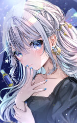 Rule 34 | 1girl, black shirt, blue eyes, blue nails, blush, breasts, cleavage, closed mouth, collarbone, earrings, finger to mouth, from side, grey hair, hair between eyes, hair ornament, hand on own wrist, highres, jewelry, long hair, looking at viewer, nail polish, original, portrait, puracotte, raised eyebrows, shirt, sidelocks, small breasts, solo, star (symbol), star hair ornament, straight hair