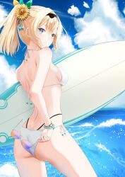 Rule 34 | 1girl, absurdres, ass, back, bare shoulders, beach, blonde hair, blue eyes, blush, breasts, closed mouth, from behind, hair between eyes, hairband, highres, hololive, kazama iroha, long hair, looking at viewer, looking back, medium breasts, outdoors, ponytail, smile, solo, swimsuit, thighs, virtual youtuber, zin4062