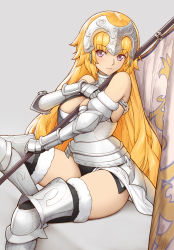 Rule 34 | 1girl, alternate hairstyle, armor, armored boots, banner, bare shoulders, black thighhighs, blonde hair, boots, breasts, chain, closed mouth, commentary request, fate/apocrypha, fate/grand order, fate (series), fur-trimmed legwear, fur trim, gauntlets, grey background, grey footwear, headpiece, highres, holding, invisible chair, jeanne d&#039;arc (fate), jeanne d&#039;arc (ruler) (fate), jeanne d&#039;arc (third ascension) (fate), long hair, looking at viewer, medium breasts, no pants, revision, simple background, sitting, smile, solo, thigh boots, thighhighs, thighhighs under boots, thighs, tsuki suigetsu, very long hair
