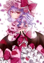 Rule 34 | back cutout, bat wings, black wings, bow, closed mouth, clothing cutout, dress, frilled bow, frilled dress, frilled hat, frills, from behind, hat, jaku sono, looking at viewer, looking back, medium hair, pink hat, pointy ears, purple hair, red bow, red eyes, remilia scarlet, simple background, standing, touhou, white background, white dress, wings