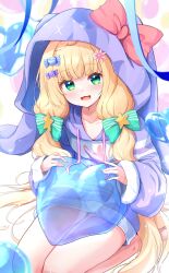 Rule 34 | 1girl, :d, animal ears, animal hood, aqua bow, baram, barefoot, blonde hair, bow, candy hair ornament, collarbone, commentary request, drawstring, fake animal ears, flower, food-themed hair ornament, green eyes, hair bow, hair flower, hair ornament, heart, highres, hood, hood up, hoodie, long hair, long sleeves, looking at viewer, mononobe alice, nijisanji, open mouth, pink flower, puffy long sleeves, puffy sleeves, purple hoodie, rabbit ears, rabbit hood, red bow, seiza, sitting, sleeves past wrists, smile, solo, star (symbol), star hair ornament, striped, striped bow, very long hair, virtual youtuber, wide sleeves