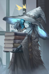 Rule 34 | 1girl, ^^^, absurdres, blue eyes, blue hair, blue skin, book, colored skin, cracked skin, doll joints, dress, elden ring, extra arms, extra faces, hat, highres, holding, holding book, joints, ludwind221, medium hair, one eye closed, open mouth, ranni the witch, solo, sweatdrop, white dress, witch, witch hat