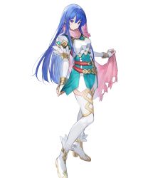 Rule 34 | 1girl, ankle boots, armor, belt, blue eyes, blue hair, boots, breastplate, caeda (fire emblem), cape, closed mouth, dress, elbow gloves, feather trim, female focus, fire emblem, fire emblem: mystery of the emblem, fire emblem heroes, full body, gloves, highres, holding, long hair, looking at viewer, matching hair/eyes, multiple belts, nintendo, official art, pink cape, short dress, shoulder armor, skirt hold, smile, solo, standing, thighhighs, transparent background, white thighhighs, zettai ryouiki