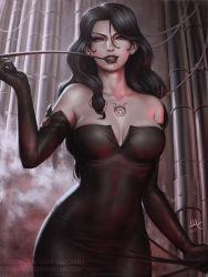 Rule 34 | 1girl, bare shoulders, black dress, black gloves, black hair, breasts, breasts apart, chest tattoo, cleavage, covered navel, dress, elbow gloves, fullmetal alchemist, gloves, highres, licking, licking weapon, looking at viewer, lust (fma), medium breasts, purple eyes, realistic, sciamano240, solo, tattoo, tongue, tongue out, very long fingernails, weapon