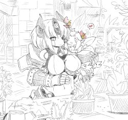 Rule 34 | 2girls, :d, alraune, android, automaton (monster girl encyclopedia), breasts, closed mouth, commentary, closed eyes, flower, greyscale, hair flower, hair ornament, heart, highres, horns, indoors, large breasts, latenight, limited palette, monochrome, monster girl, monster girl encyclopedia, multiple girls, navel, open mouth, plant girl, short hair, sketch, smile, speech bubble, spoken heart, spot color, standing