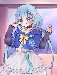 Rule 34 | 1girl, absurdres, amami ami, blue eyes, blue hair, commission, dress, hair ornament, highres, indoors, jacket, jewelry, looking at viewer, night, night sky, pendant, prism project, rainbow, skirt, sky, smile, star (sky), virtual youtuber