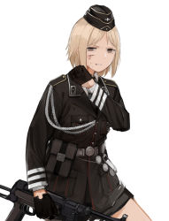 Rule 34 | 1girl, aiguillette, belt, belt pouch, black gloves, black necktie, blonde hair, blood, breast pocket, buttons, clenched teeth, cowboy shot, dress shirt, garrison cap, girls&#039; frontline, gloves, gun, hat, highres, holding, holding gun, holding weapon, injury, long sleeves, looking at viewer, medal, military, military hat, military uniform, mp40, mp40 (girls&#039; frontline), necktie, open mouth, pink eyes, pocket, pouch, rampart1028, shirt, short hair, sidelocks, simple background, solo, submachine gun, teeth, uniform, weapon, white background, white shirt