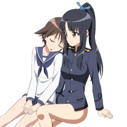 Rule 34 | 2girls, black hair, blush, breasts, brown eyes, brown hair, closed eyes, closed mouth, dress, hair ornament, hair ribbon, hattori shizuka, head on another&#039;s shoulder, highres, kanata mako, long hair, looking at another, military, military uniform, miyafuji yoshika, multiple girls, open mouth, ponytail, ribbon, sailor dress, short hair, simple background, sitting, sleeping, small breasts, smile, strike witches, swimsuit, uniform, white background, world witches series