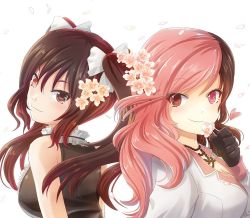 Rule 34 | 2girls, back-to-back, bare shoulders, black gloves, breasts, brown eyes, brown hair, closed mouth, commentary request, flower, gloves, hair between eyes, hair flower, hair ornament, hair ribbon, heart, heterochromia, holding, holding flower, kaogei moai, looking at viewer, medium breasts, moai (moai world), multicolored hair, multiple girls, neo politan, pink eyes, pink hair, ribbon, rwby, sleeveless, smile, split-color hair, two-tone hair, upper body, white background, white ribbon