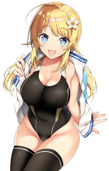 Rule 34 | 1girl, ahoge, black one-piece swimsuit, black thighhighs, blonde hair, blue eyes, breasts, cleavage, competition swimsuit, cowboy shot, hachimiya meguru, highres, idolmaster, idolmaster shiny colors, inuzumi masaki, invisible chair, jacket, jacket on shoulders, large breasts, looking at viewer, low twintails, one-piece swimsuit, simple background, sitting, solo, swimsuit, thighhighs, twintails, white background