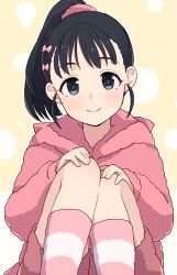 Rule 34 | 1girl, black eyes, black hair, bow, commentary request, dot nose, fukuyama mai, hair bow, hands on own knees, highres, idolmaster, idolmaster cinderella girls, light blush, long hair, long sleeves, looking at viewer, montamo739, pajamas, pink bow, pink pajamas, pink shorts, pink socks, polka dot, polka dot pajamas, ponytail, shorts, sidelocks, sitting, smile, socks, solo, yellow background