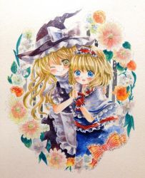 Rule 34 | 2girls, alice margatroid, apron, arm around shoulder, black dress, blonde hair, blue eyes, blush, bow, capelet, dress, flower, hairband, hat, holding hands, kirisame marisa, multiple girls, niko (2ars), one eye closed, open mouth, painting (medium), puffy short sleeves, puffy sleeves, ribbon, short sleeves, smile, touhou, traditional media, watercolor (medium), wink, witch hat, wrist cuffs, yellow eyes