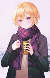 Rule 34 | black jacket, blonde hair, blush, bosumonki, can, coffee, earclip, highres, idolmaster, idolmaster shiny colors, jacket, long sleeves, looking at viewer, open clothes, open jacket, plaid, plaid scarf, purple eyes, purple scarf, saijo juri, scarf, short hair, sleeves past wrists, snowing, solo, sweater, upper body, winter clothes