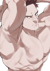 Rule 34 | 1boy, aged down, armpits, bara, beard stubble, boku no hero academia, endeavor (boku no hero academia), facial hair, from above, frown, highres, large pectorals, looking at viewer, male focus, mature male, migi (mm86262394), muscular, muscular male, nude, pectorals, shaved body, short hair, sideburns, solo, spiked hair, stubble, thick eyebrows, upper body