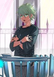 Rule 34 | 1boy, amami rantaro, bracelet, collarbone, commentary request, cowboy shot, crossed arms, danganronpa (series), danganronpa v3: killing harmony, green eyes, green hair, hair between eyes, jewelry, kuangtai (amami ryoko), long sleeves, looking at viewer, male focus, messy hair, necklace, open mouth, pants, ring, shirt, short hair, sleeves past elbows, solo, standing, striped clothes, striped shirt, thumb ring, upper body