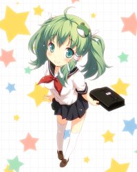Rule 34 | 1girl, ahoge, alternate costume, alternate hairstyle, bag, briefcase, female focus, frog, frog hair ornament, green eyes, green hair, hair ornament, kochiya sanae, loafers, matching hair/eyes, pleated skirt, school bag, school briefcase, school uniform, serafuku, shoes, skirt, smile, snake, snake hair ornament, solo, star (symbol), thighhighs, touhou, twintails, white thighhighs, yamasan