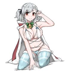 Rule 34 | 1girl, adjusting hair, arm between legs, arm up, belly, bikini, black ribbon, blue bikini, blue thighhighs, bow, bowtie, breasts, cape, closed mouth, cosplay, dot nose, embarrassed, feet out of frame, female focus, girls&#039; frontline, green bow, green bowtie, grey hair, hair ribbon, highres, hood, hood down, hooded cape, kneeling, large breasts, looking at viewer, medium hair, navel, niceratus kiotensis, red cape, red eyes, ribbon, simple background, smile, solo, spas-12 (girls&#039; frontline), swimsuit, thighhighs, twintails, two-tone cape, vsk-94 (christmas eve detective) (girls&#039; frontline), vsk-94 (christmas eve detective) (girls&#039; frontline) (cosplay), white background, white cape