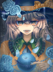 Rule 34 | 1girl, absurdres, black hat, blouse, blue flower, blue rose, bow, buttons, commentary, crying, crying with eyes open, diamond button, dot nose, eyebrows hidden by hair, eyelashes, flower, frilled shirt collar, frills, green eyes, grey background, grey hair, hair between eyes, hat, hat bow, hat flower, hat ribbon, highres, justcalorline01, komeiji koishi, korean commentary, lips, looking at viewer, medium hair, open mouth, petals, rain, ribbon, rose, rose petals, shirt, simple background, solo, tears, teeth, third eye, thorns, touhou, upper body, water drop, yellow bow, yellow ribbon, yellow shirt