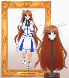 Rule 34 | 1girl, absurdres, black gloves, blue eyes, blush, breasts, brown hair, character name, corpse, death, decapitation, empty eyes, fingerless gloves, gloves, guro, hair ribbon, highres, large breasts, long hair, lyrical nanoha, magical girl, mahou shoujo lyrical nanoha strikers, moderncrusader20, open mouth, portrait, ribbon, smile, solo, takamachi nanoha, taxidermy
