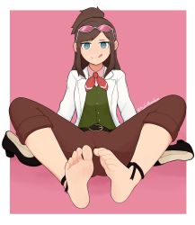 Rule 34 | 1girl, ace attorney, ankle ribbon, apollo justice: ace attorney, barefoot, belt, black footwear, blue eyes, border, brown hair, brown pants, commission, ema skye, eyewear on head, feet, foot focus, full body, green vest, high heels, highres, knees apart feet together, lab coat, leg ribbon, licking lips, long hair, looking at viewer, necktie, pants, pants rolled up, pink background, pink shirt, red necktie, ribbon, shadow, shirt, shoes, unworn shoes, sidelocks, sitting, softhanten, soles, solo, spread legs, swept bangs, toe scrunch, toes, tongue, tongue out, twitter username, vest, white border