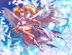 Rule 34 | 00s, 1girl, angel wings, boots, cure angel, cure peach, cure peach (angel), feathers, fresh precure!, hair ornament, heart, heart hair ornament, hisahiko, knee boots, long hair, magical girl, momozono love, orange hair, pink footwear, precure, red eyes, solo, twintails, very long hair, wings