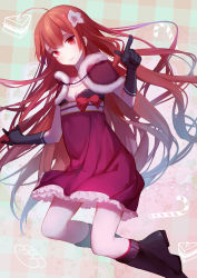 Rule 34 | 1girl, absurdres, ahoge, black gloves, boots, bow, breasts, capelet, dress, dress bow, elbow gloves, flower, fur trim, gloves, hair flower, hair ornament, highres, knee boots, long hair, looking at viewer, original, plaid, plaid background, red bow, red dress, red eyes, red hair, signature, smile, solo, sylvia (huajiuhuajiu), very long hair, white flower