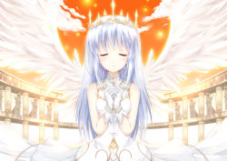 Rule 34 | 1girl, aiyoku no eustia, angel wings, bare shoulders, blush, cloud, crown, dress, female focus, fujimoto akio, gloves, own hands clasped, highres, own hands together, saint irene, silver hair, sky, sleeveless, sleeveless dress, solo, wings