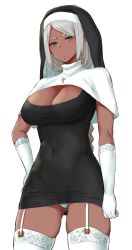 Rule 34 | 1girl, black dress, braid, breasts, cleavage, closed mouth, covered navel, cowboy shot, cross, cross necklace, dark-skinned female, dark skin, dress, frown, garter straps, gloves, gomu (chewinggom), grey hair, habit, hand on own hip, highres, jewelry, large breasts, latin cross, long hair, looking at viewer, necklace, nun, original, panties, pantyshot, short dress, simple background, single braid, solo, standing, thighhighs, underwear, white background, white gloves, white panties, white thighhighs