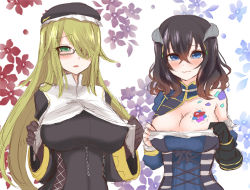 Rule 34 | 2girls, black hair, blonde hair, bloodstained (series), blue eyes, breasts, cleavage, dominique (bloodstained), glasses, green eyes, harimao (hanzou uji), highres, large breasts, long hair, miriam (bloodstained), multiple girls