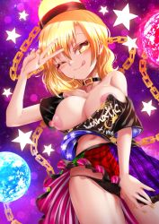 Rule 34 | + +, 1girl, american flag, american flag print, areola slip, bare shoulders, black panties, blonde hair, blush, breast slip, breasts, chain, choker, clothes writing, commentary request, cowboy shot, earth (ornament), flag print, gold chain, hecatia lapislazuli, hecatia lapislazuli (moon), highres, large breasts, long hair, moon (ornament), multicolored clothes, multicolored skirt, nail polish, navel, nipples, nomayo, one eye closed, panties, pantyshot, puffy nipples, skirt, smile, solo, star (symbol), thighs, tongue, tongue out, touhou, underwear, upskirt, v, yellow eyes, yellow nails