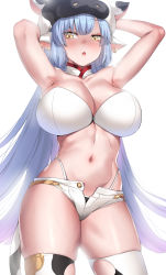 Rule 34 | 1girl, animal ears, animal print, armpits, arms behind head, arms up, bare shoulders, bikini, blue hair, blush, breasts, catura (granblue fantasy), cleavage, cow ears, cow girl, cow hat, cow horns, cow print, deras, draph, ear piercing, granblue fantasy, hat, highleg, highleg bikini, highres, horns, large breasts, long hair, looking at viewer, micro shorts, navel, open mouth, piercing, pointy ears, short shorts, shorts, swimsuit, thighhighs, thighs, white bikini, white shorts, yellow eyes