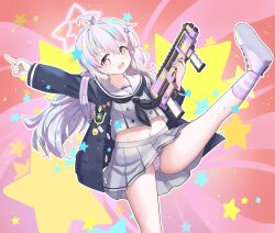 Rule 34 | + +, 1girl, :d, ahoge, arm up, ass, backpack, bag, black coat, blue archive, bullpup, coat, collarbone, commentary request, double-barreled shotgun, grey serafuku, grey skirt, gun, hair between eyes, hair bobbles, hair ornament, halo, highres, holding, holding gun, holding weapon, index finger raised, leg up, long hair, long sleeves, looking at viewer, low twintails, multicolored hair, multiple-barrel firearm, navel, open clothes, open coat, open mouth, panties, pleated skirt, pointing, pointing up, pump-action shotgun, pump action, purple eyes, purple hair, reisa (blue archive), revision, school uniform, serafuku, shotgun, side-by-side-barreled shotgun, sidelocks, simple background, skirt, smile, solo, standard manufacturing dp-12, standing, standing on one leg, star (symbol), star hair ornament, starry background, stomach, striped clothes, striped panties, striped thighhighs, thighhighs, twintails, two-tone hair, underwear, weapon, wjddn