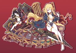Rule 34 | 2girls, ;), anklet, bare shoulders, barefoot, black gloves, black hair, blonde hair, breasts, cage, cape, cleavage, crown, earrings, elbow gloves, ereshkigal (fate), fate/grand order, fate (series), gloves, ideolo, ishtar (fate), ishtar (fate), jewelry, long hair, looking at viewer, midriff, multiple girls, navel, one eye closed, red background, red eyes, simple background, sitting, smile, two side up, very long hair