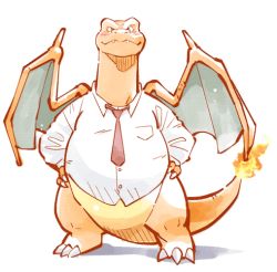 Rule 34 | charizard, claws, clothed pokemon, creatures (company), dragon, dress shirt, fangs, flame-tipped tail, game freak, garou-zuki, gen 1 pokemon, hands on own hips, necktie, nintendo, no humans, pokemon, pokemon (creature), shirt, simple background, solo, tail, white background, wings