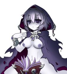 Rule 34 | 1girl, book, breasts, cloak, colored nipples, goth fashion, hair between eyes, hood, jewelry, lich, lich (monster girl encyclopedia), looking at viewer, monochrome, monster girl, monster girl encyclopedia, naked cloak, navel, nipples, pale skin, purple eyes, purple nipples, short hair, silver hair, solo, syannhai-doll, third-party edit, undead