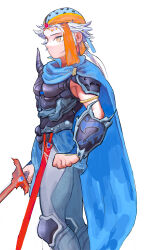 Rule 34 | 1boy, arm at side, armor, blue cape, cape, earrings, final fantasy, final fantasy ii, firion, head scarf, highres, holding, holding sword, holding weapon, jewelry, long hair, male focus, orange eyes, orange scarf, parted lips, scarf, simple background, solo, sword, tokumei wombat, weapon, white background, white hair